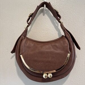 Vtg Y2K Bulga Brown Leather Kisslock Shoulder Bag Purse Satchel Buckle Details